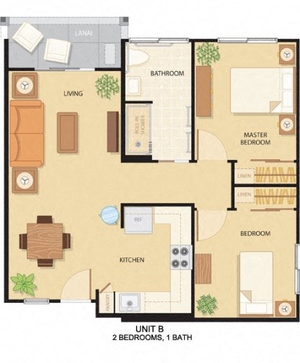 Floor plan for 2 beds, 1 bath, 750 sqft